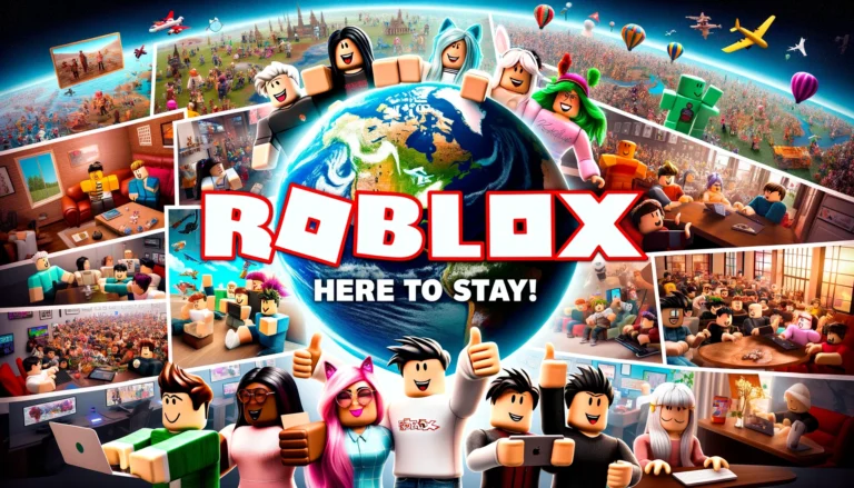 Photo montage showing various diverse players around the world engrossed in their Roblox games, with a big '2025' looming in the background. Overlay text reads: 'Roblox in 2025: Here to Stay!' with a thumbs-up emoji.