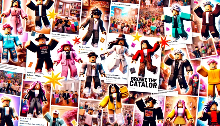 Photo collage of various Roblox avatars showcasing diverse clothing styles. From trendy streetwear to elegant formal attire, there's a mix of everything. Overlayed on the collage are snippets of text from the article like 'Browse the Catalog', 'Follow Creators', and 'Participate in Events'. The overall feel is vibrant, dynamic, and very clickbait-y with starbursts and arrows pointing to key elements.