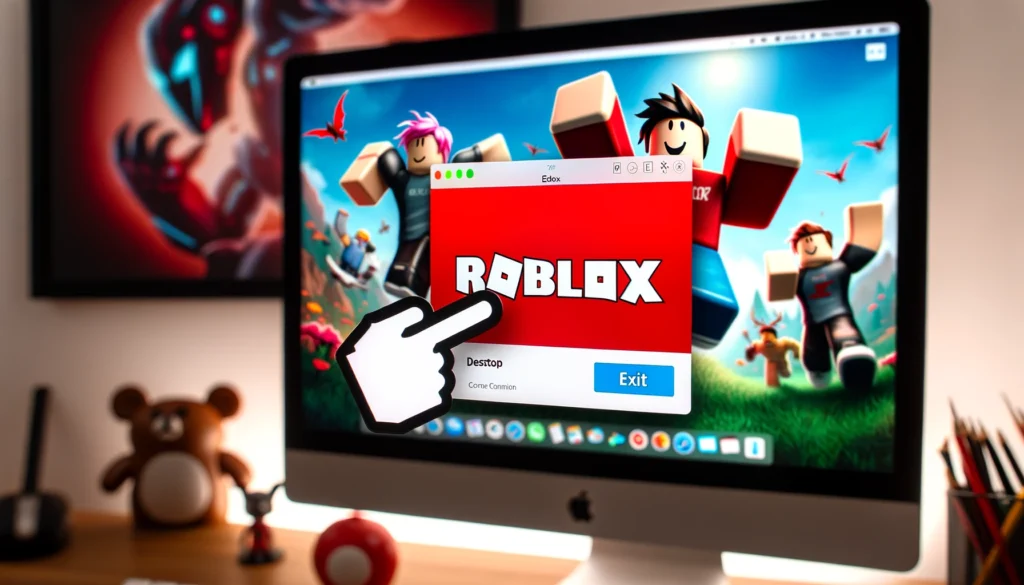 Photo of a user's computer screen displaying the Roblox desktop app with a big red arrow pointing towards the 'Exit' option in the context menu. The background showcases blurred gaming characters from Roblox and the headline reads: 'Easy Steps to Turn Off Roblox App!'