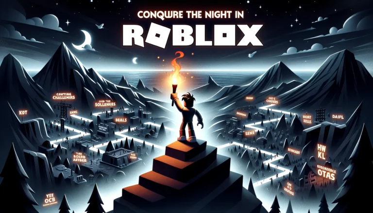 Illustration of a player's character in Roblox standing heroically on a hill, holding a torch high. The landscape is dominated by darkness with faint outlines of challenges and obstacles. Glowing words in the sky spell out 'Conquer the Night in Roblox!'.