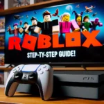 Photo of a PS5 console placed next to a TV screen displaying the Roblox logo, with the words 'Step-by-Step Guide!' prominently displayed in bold text. Various game avatars from Roblox are seen in the background, showcasing diverse characters in different gaming scenarios.