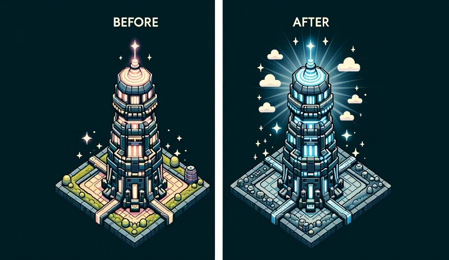 Illustration of a tower from a top down perspective showing a before and after comparison