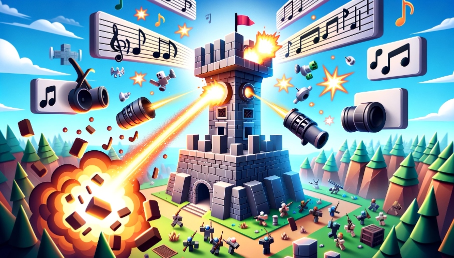 Roblox game scene where a tower is firing at enemies with dynamic sound effects symbolized by musical notes and explosion icons around the tower