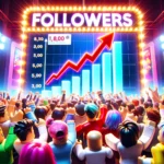 Photo of a diverse group of excited Roblox players eagerly looking at a screen, showcasing a rising graph labeled 'Followers'. Bright lights and catchy headlines surround them, emphasizing the allure of gaining followers.