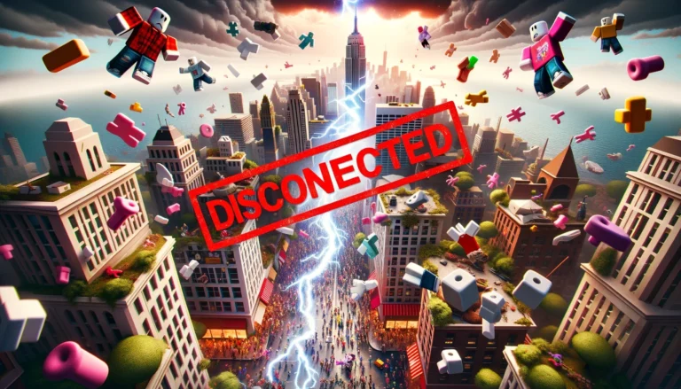 digital cityscape crumbling apart with Roblox avatars falling disconected