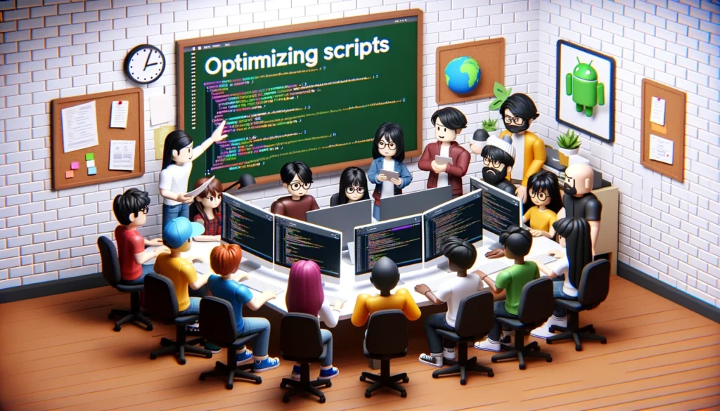 group of diverse game developers collaborating on optimizing scripts for a Roblox