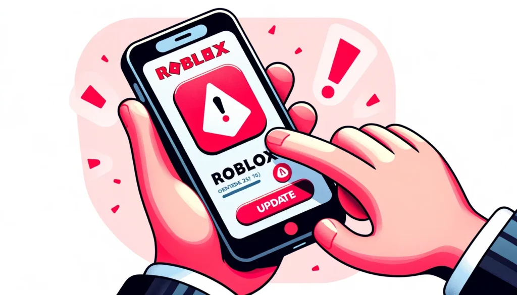 illustration of a mobile device displaying the Roblox app with a red warning icon