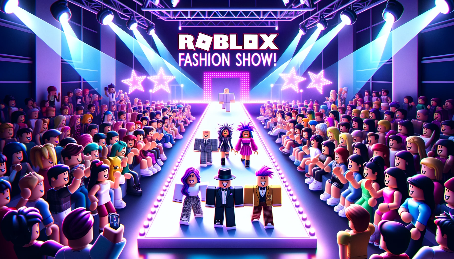 Illustration of a digital fashion runway with Roblox avatars strutting their stylish outfits. The runway is illuminated with neon lights, and the audience consists of more Roblox characters cheering and taking photos. A banner above the runway declares 'Roblox Fashion Show!' with spotlights shining.
