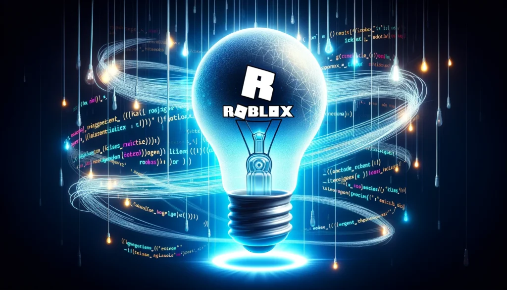light bulb illuminating with the Roblox logo and lines of code swirling around it